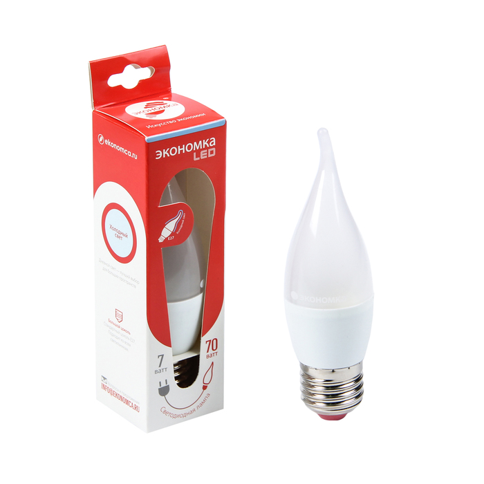 Лампа светодиодная ЭКОНОМКА, Е27, 7 Вт, 230 В, 6500 K, холодный свет, "свеча на ветру"