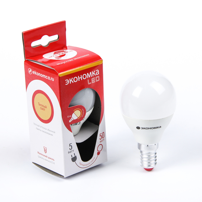 Лампа светодиодная ЭКОНОМКА, GL45, Е14, 5 Вт, 230 В, 3000 K, теплый белый, "шар"