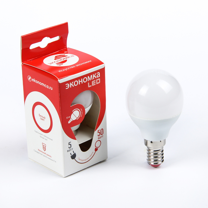 Лампа светодиодная ЭКОНОМКА, GL45, Е14, 5 Вт, 230 В, 4500 K,  белый, "шар"