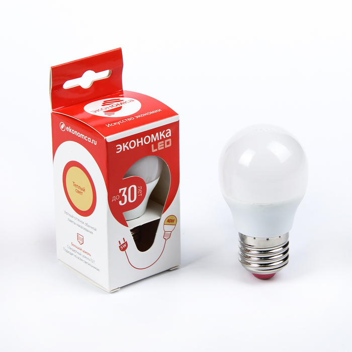 Лампа светодиодная ЭКОНОМКА, GL45, Е27, 5 Вт, 230 В, 3000 K, теплый белый, "шар"