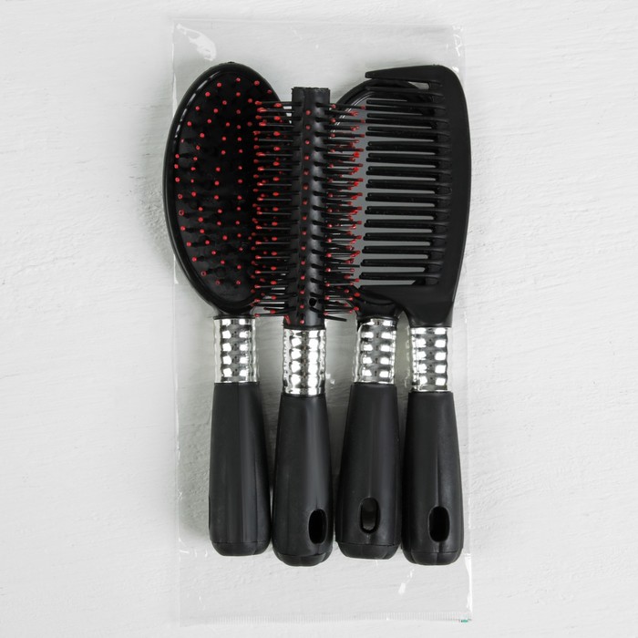 Набор 4 предмета: расчёска с ручкой, расчёска массажная, брашинг, зеркало, 22см, цвет чёрный