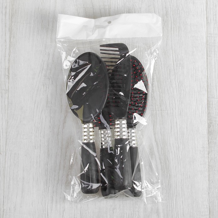 Набор 4 предмета: расчёска с ручкой, расчёска массажная, брашинг, зеркало, 22см, цвет чёрный