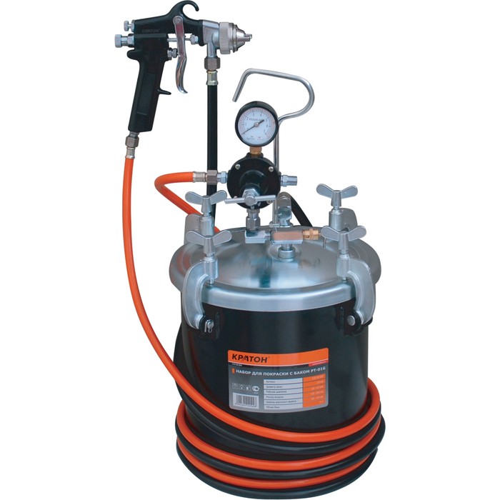 Набор для покраски с баком "Кратон" PТ-01G, дюза 2мм, 3-4 атм, 172-250 л/мин, 10л., 1.4"