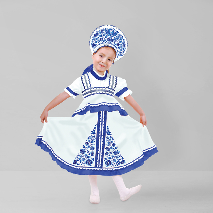 Карнавальный русский костюм "Синие цветы", платье-сарафан, кокошник, цвет белый, р-р 34, рост 140 см