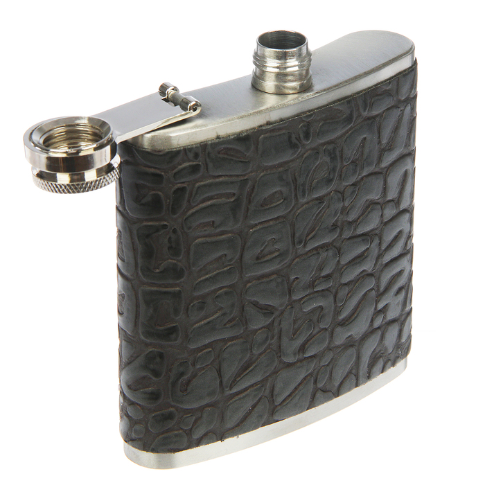 Фляжка 180 мл, кожзам, тиснение, чёрная, 8.5х9.5 см