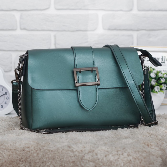 Сумка женская, 3 отдела на молниях, наружный карман, длинный ремень, цвет зелёный перламутр