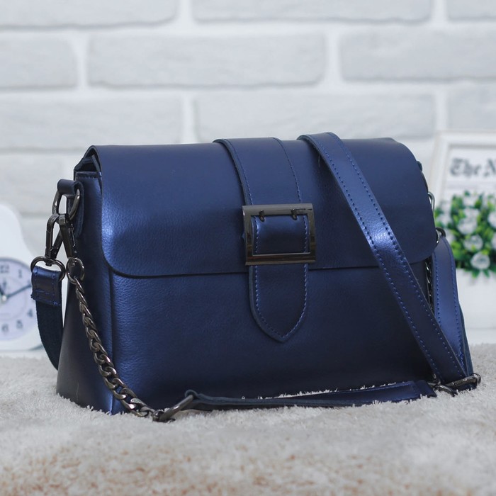 Сумка женская, 3 отдела на молниях, наружный карман, длинный ремень, цвет синий перламутр