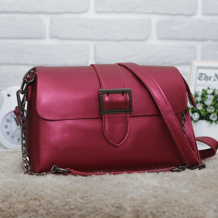 Сумка женская, 3 отдела на молниях, наружный карман, длинный ремень, бордовый перламутр