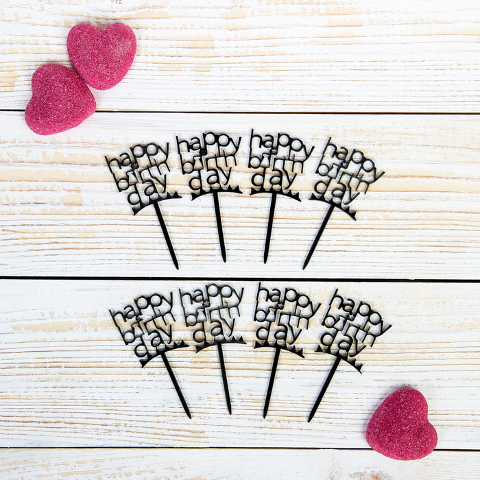 Набор топперов на пирожное "С днем рождения", 8 шт, цвет черный