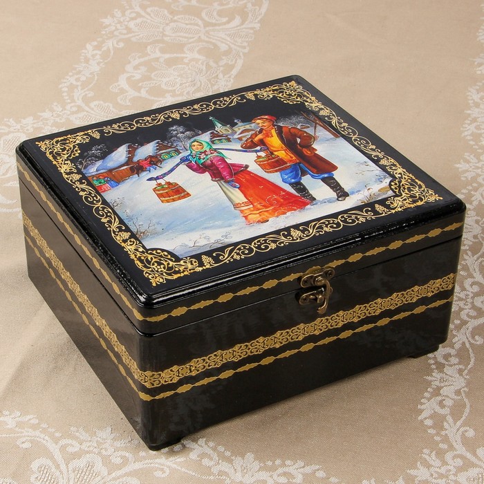 Шкатулка - сундук «Пара», лаковая миниатюра, 22х22х11,5 см