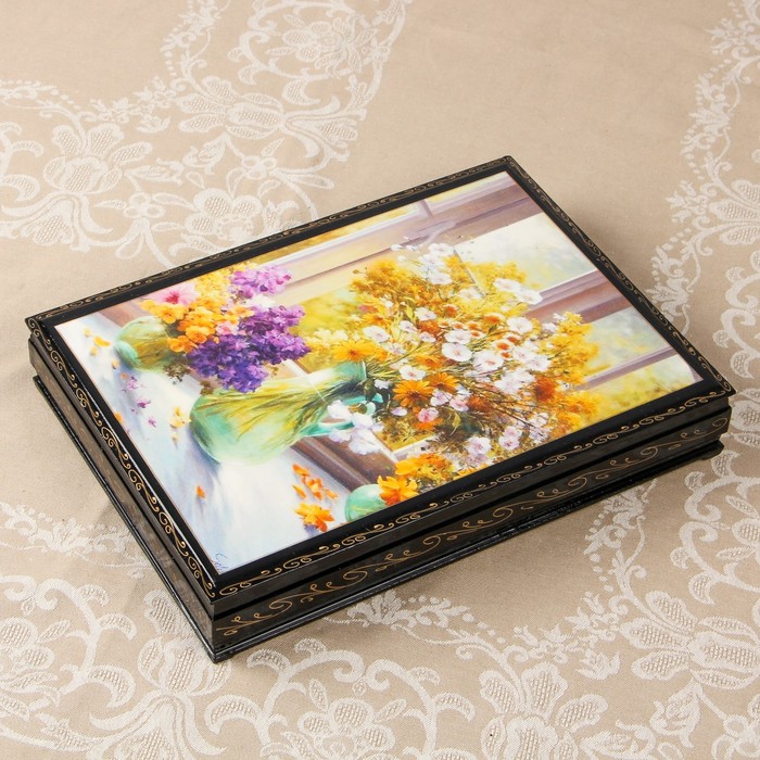 Шкатулка «Полевые цветы в вазе», 31,5×22,5×4,5 см, лаковая миниатюра