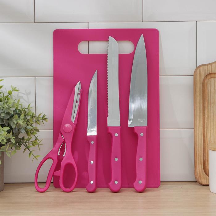Набор кухонных принадлежностей, 5 предметов: ножи 12 см, 17 см, 17,5 см, доска, цвет МИКС держатель для ванных и кухонных принадлежностей на липучке 17×7×12 см цвет микс