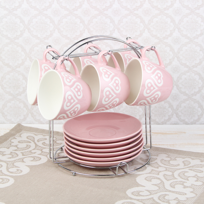 Набор чайный "Романтика", 12 предметов: 6 чашек 210 мл, 6 блюдец, на подставке, цвет розовый