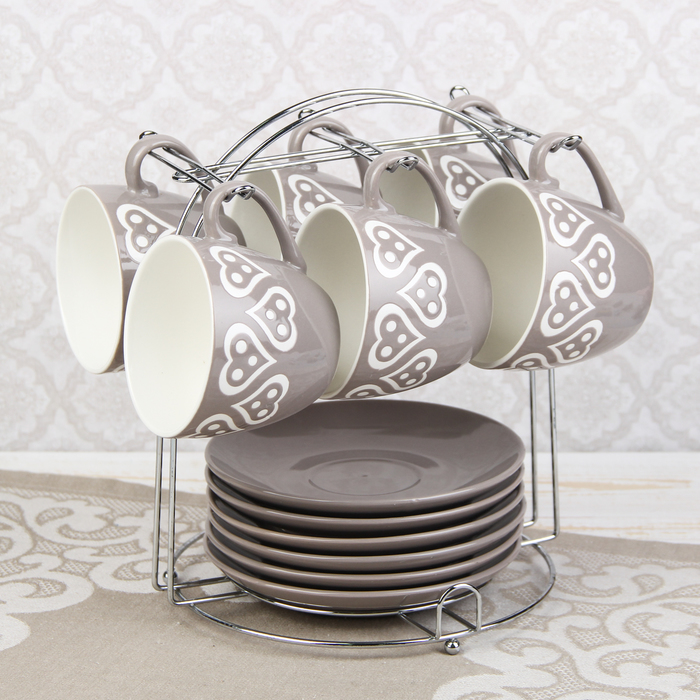 Набор чайный "Романтика", 12 предметов: 6 чашек 210 мл, 6 блюдец, на подставке, цвет бежевый