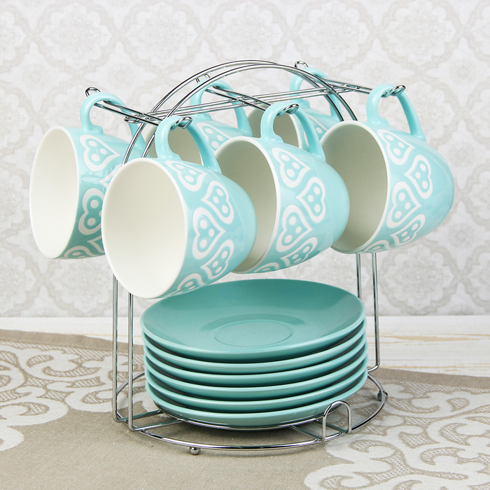 Набор чайный "Романтика", 12 предметов: 6 чашек 210 мл, 6 блюдец, на подставке, цвет голубой