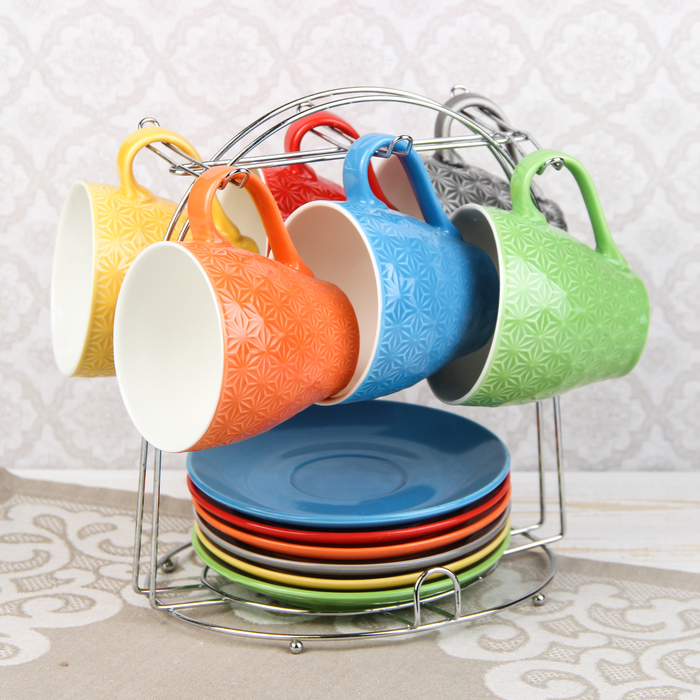 Набор чайный "Акварель", 12 предметов: 6 кружек 240 мл, 6 блюдец, на подставке, цвета МИКС