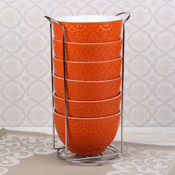 Набор салатников на подставке 550 мл "Акварель", 6 шт, цвет оранжевый