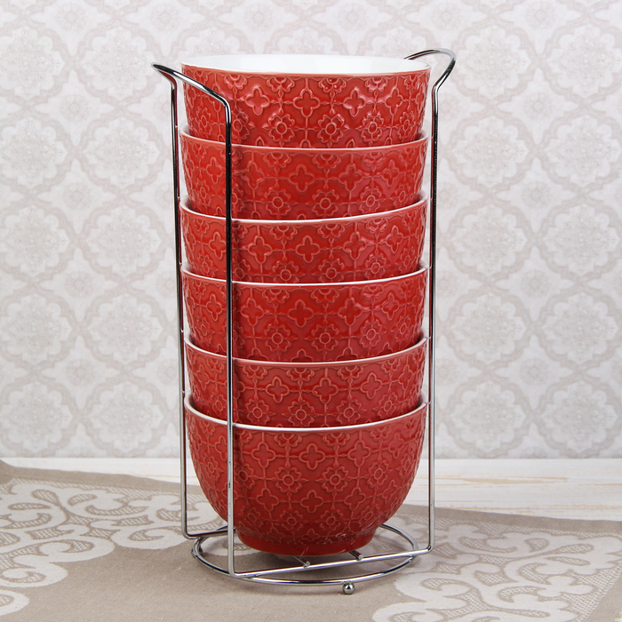 Набор салатников на подставке 550 мл "Акварель", 6 шт, цвет красный