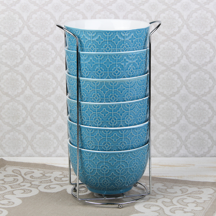 Набор салатников на подставке 550 мл "Акварель", 6 шт, цвет голубой