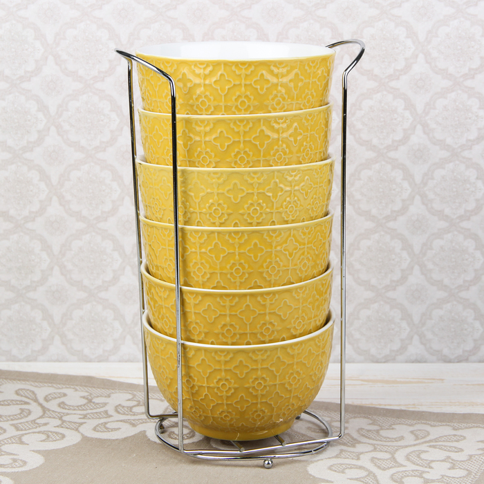 Набор салатников на подставке 550 мл "Акварель", 6 шт, цвет желтый