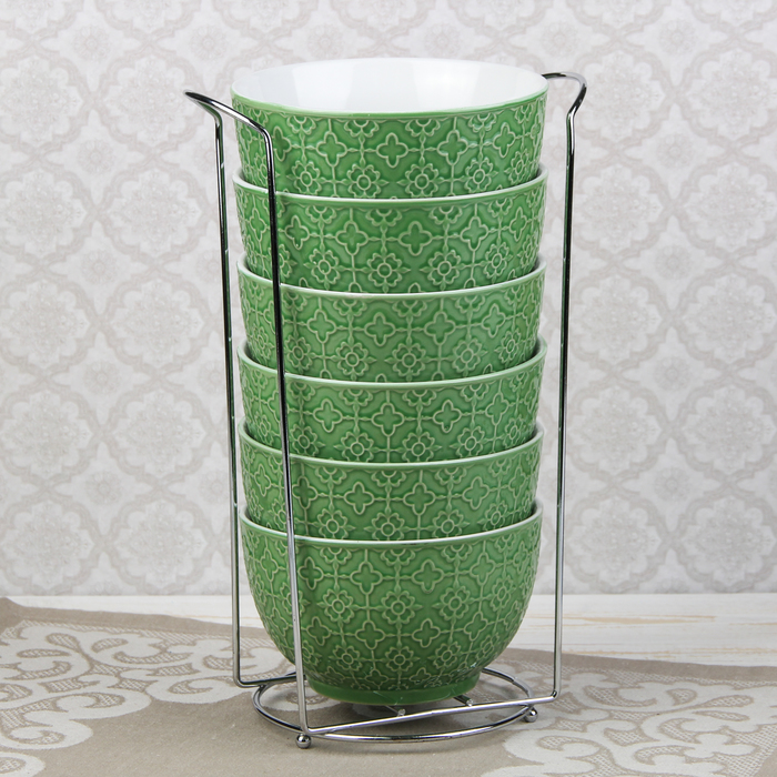 Набор салатников на подставке 550 мл "Акварель", 6 шт, цвет зеленый