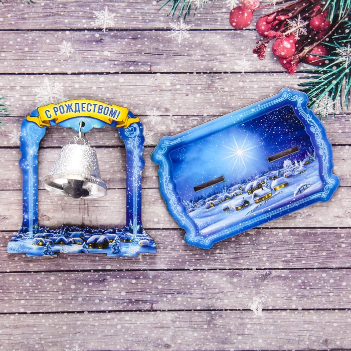Колокольчик в деревянной рамке «Рождественская ночь», 11,5 х 10.5 х 8,2 см
