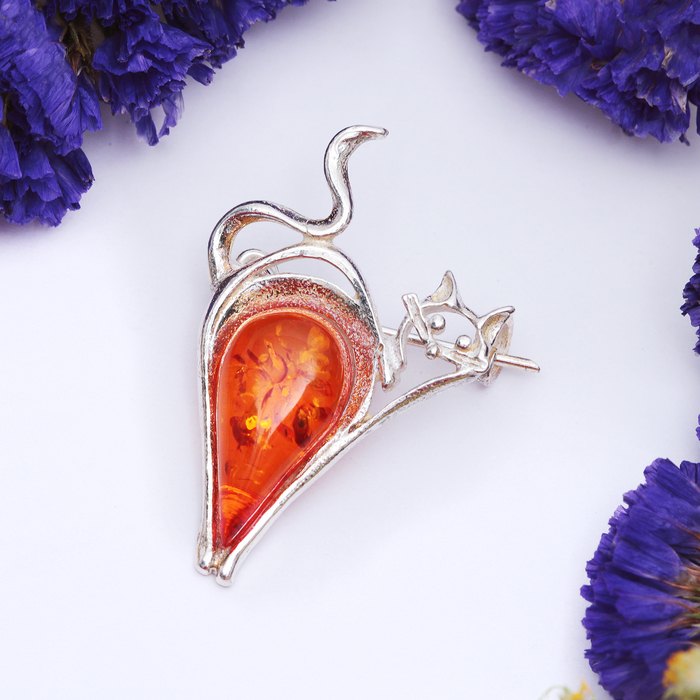 Брошь "Янтарь" кот капля, цвет коричневый в посеребрении