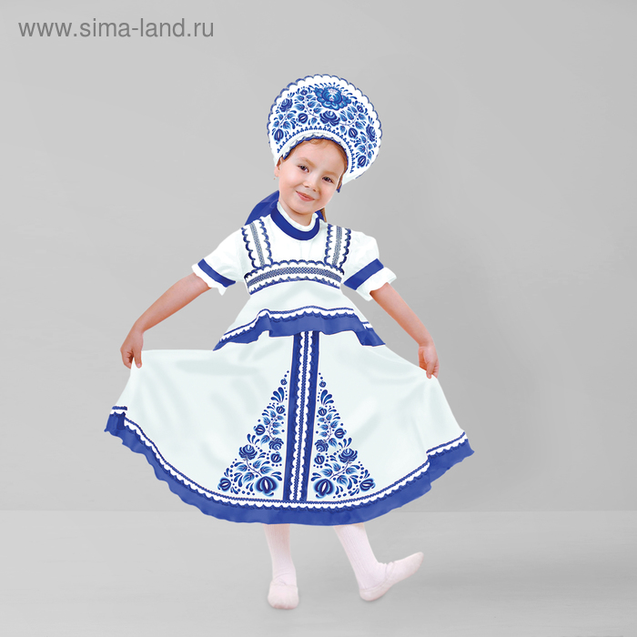 фото Карнавальный русский костюм "синие цветы", платье-сарафан, кокошник, цвет белый, р-р 32, рост 122- 128 см страна карнавалия