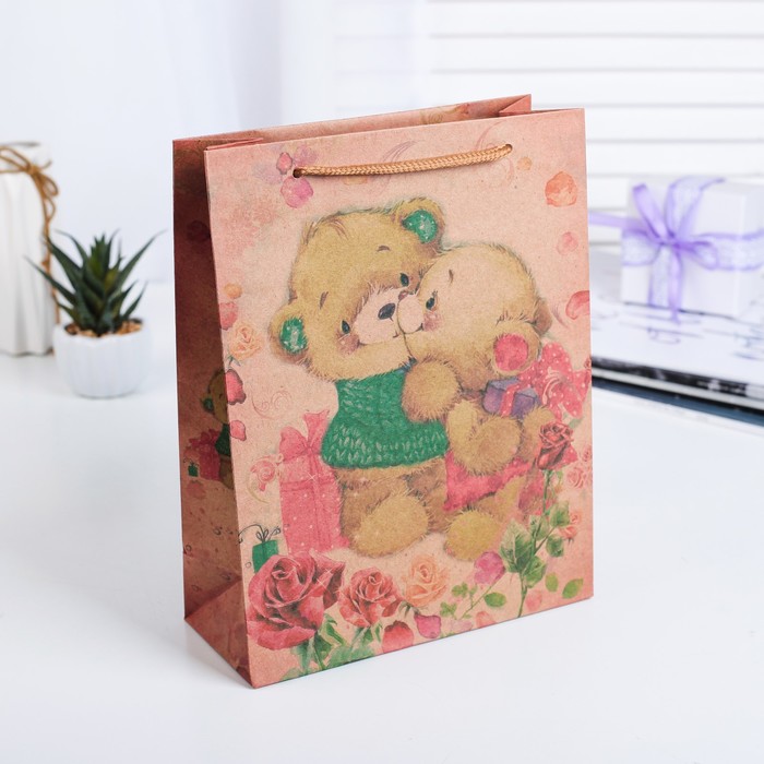 Пакет крафт "Мишки", 19 х 8 х 24 см