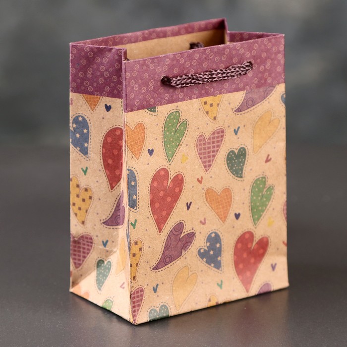 Пакет крафт "Разноцветные сердца", 8 х 5 х 11 см