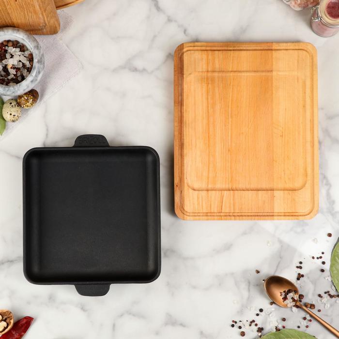 Сковорода чугунная "Хорека", квадратная, порционная, с дощечкой, BRIZOLL, 18 х 18 х 2,5 см