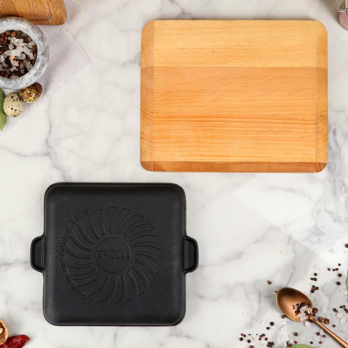 Сковорода чугунная "Хорека", квадратная, порционная, с дощечкой, BRIZOLL, 18 х 18 х 2,5 см