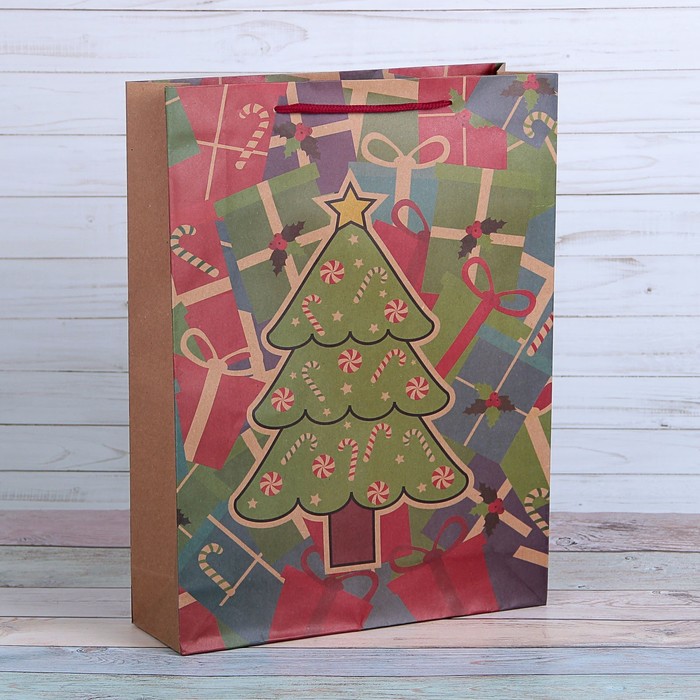 Пакет крафт "Рождественская ёлка", 24 х 8 х 33 см