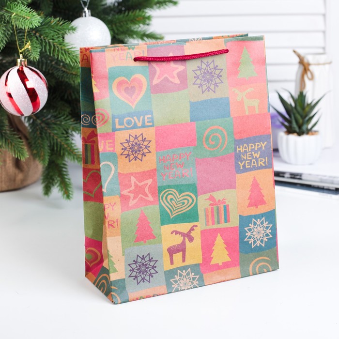 Пакет крафт "Счастливого Нового Года", 19 х 8 х 24 см