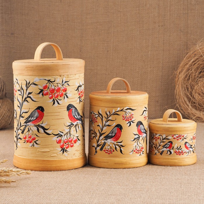 Набор туесов «Птички», ручная роспись, 3 шт, размер туеса: 18х×12×12 см, береста