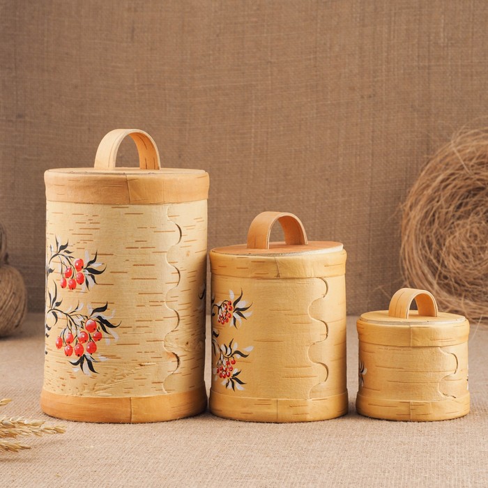 Набор туесов «Птички», ручная роспись, 3 шт, размер туеса: 18х×12×12 см, береста