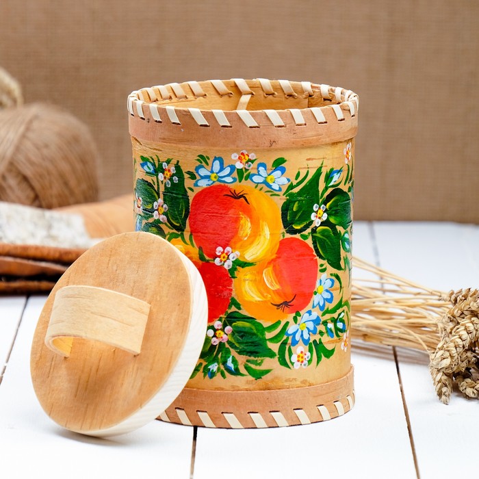 Туес «Яблочко», 10×10×12 см, с ручной росписью, береста