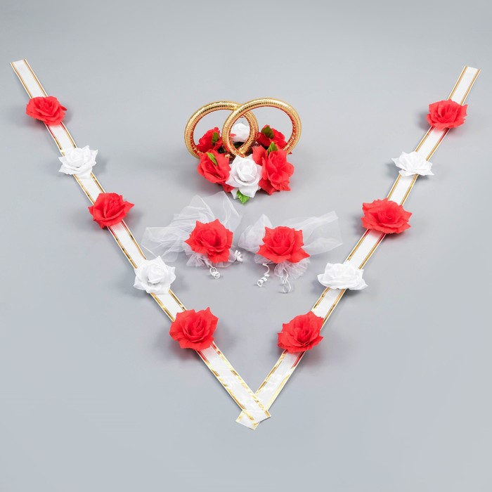 Набор "Эконом-1" кольца на крышу/4 банта/V-образная лента на капот 3 м, красный