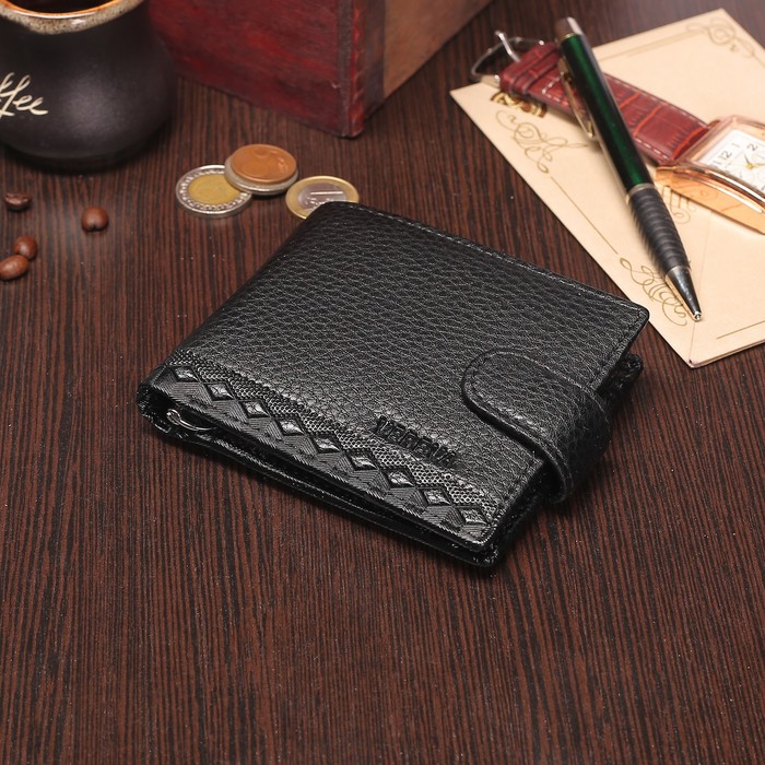 Портмоне мужское, 3 отдела, для карт, для монет, на кнопке, цвет чёрный