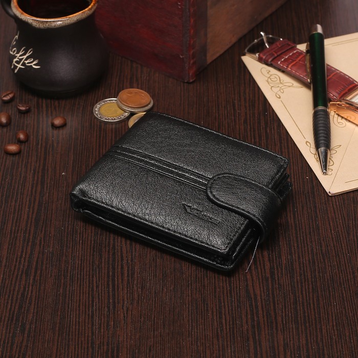 Портмоне мужское, 3 отдела, для карт, для монет, на кнопке, цвет чёрный