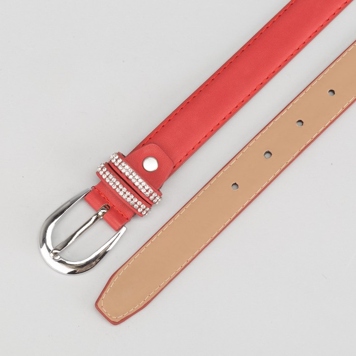 Ремень женский, гладкий, пряжка металл, хомут стразы, ширина - 3 см, цвет красный