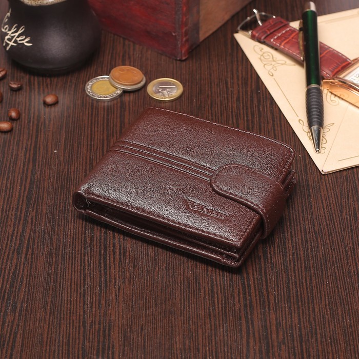 Портмоне мужское, 3 отдела, для карт, для монет, на кнопке, цвет коричневый