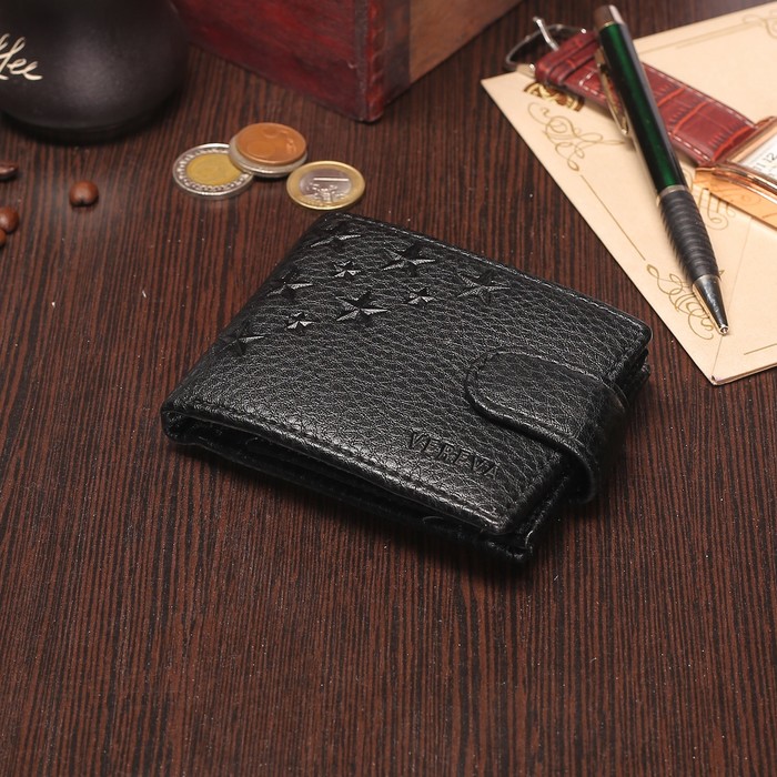 Портмоне мужское, 3 отдела, для карт, для монет, на кнопке, цвет чёрный