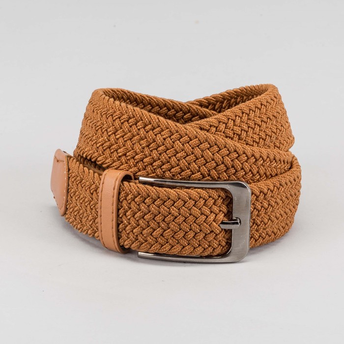Ремень мужской, резинка плетёнка, пряжка тёмный металл, цвет рыжий