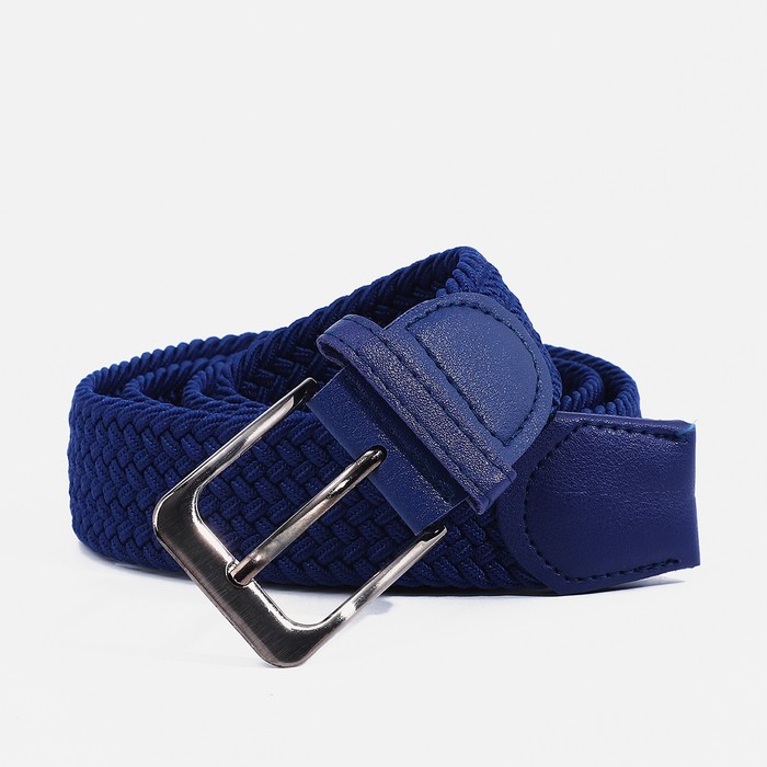 Ремень мужской "Великан", резинка-плетёнка, пряжка тёмный металл, ширина - 3,5см, длина от 125см, цвет синий