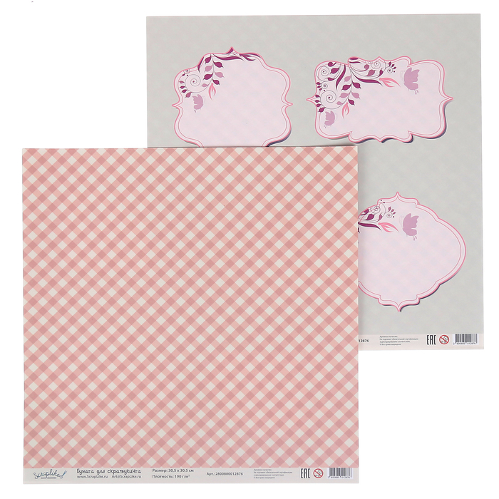 Бумага для скрапбукинга "Воспоминания. Рамочки и клетка" 30,5х30,5 см  190г/м2