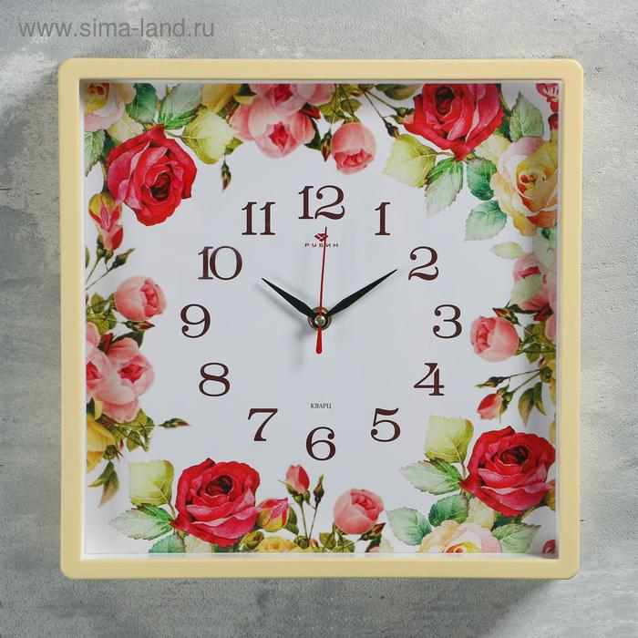 фото Часы настенные квадратные "розы", 30х30 см, обод жёлтый рубин