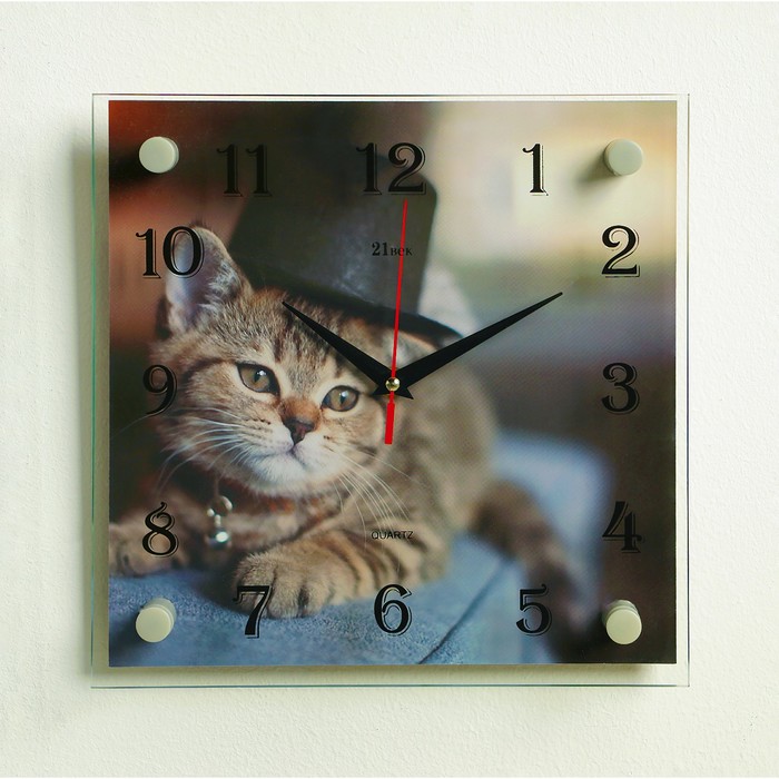 Часы настенные квадратные "Котёнок в шляпе", 25х25 см микс