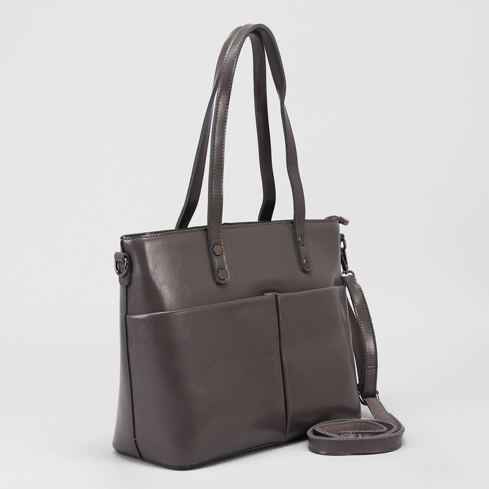 Сумка женская, отдел с перегородкой, 3 наружных кармана, длинный ремень, цвет серый