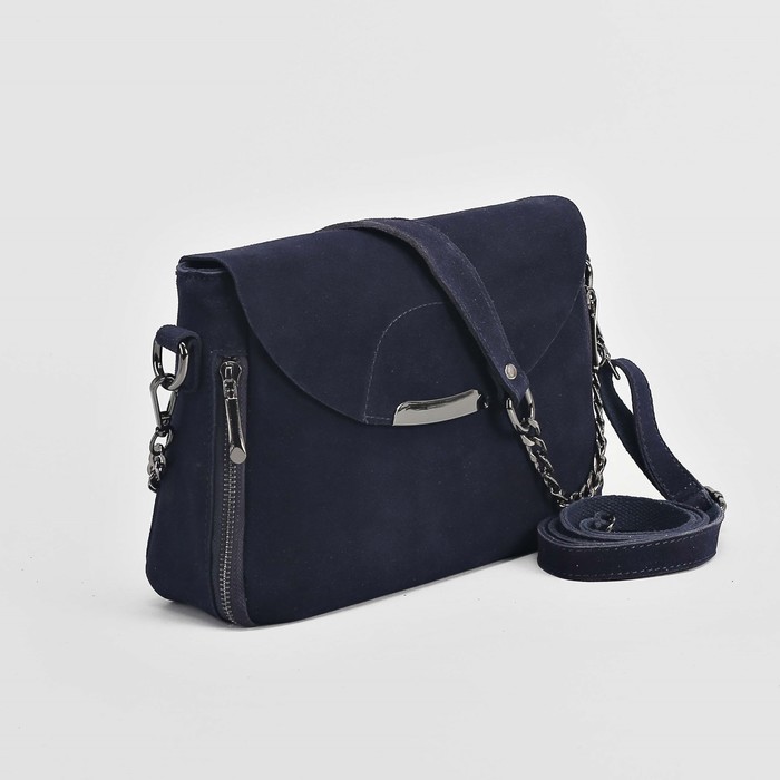 Сумка женская, замша, отдел с перегородкой, 3 наружных кармана, длинный ремень, цвет синий